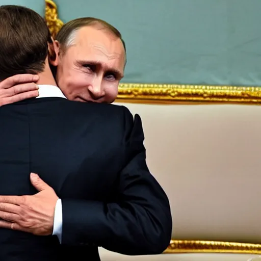 Prompt: emmanuel macron hugging vladimir putin