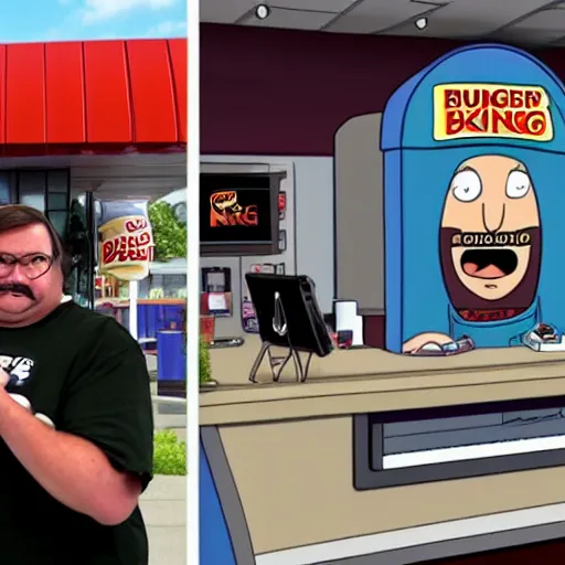 Image similar to if bob belcher from tv show bob's burgers was real and worked at burger king