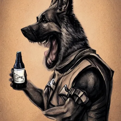 Image similar to a humanoid german shepherd beast - man in military style, holding a bottle of beer, artstation, concept art, smooth, sharp foccus ilustration, artstation