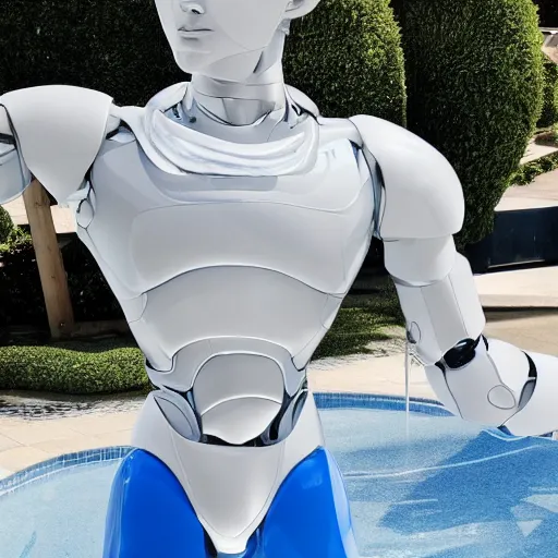 Image similar to made of ice, a realistic detailed photo of a guy who is an attractive humanoid who is half robot and half humanoid, who is a male android, on display, blank stare, showing off his muscles, shiny skin, posing like a statue, by the pool, frozen ice statue, twitch streamer / gamer ludwig, humanoid robot