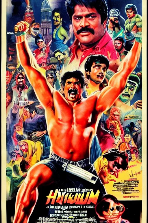 Image similar to vintage movie poster 1 mil $ kulk, hulk hogan, bollywood, india, gishnu, 1 9 8 2, drew struzan inspiration