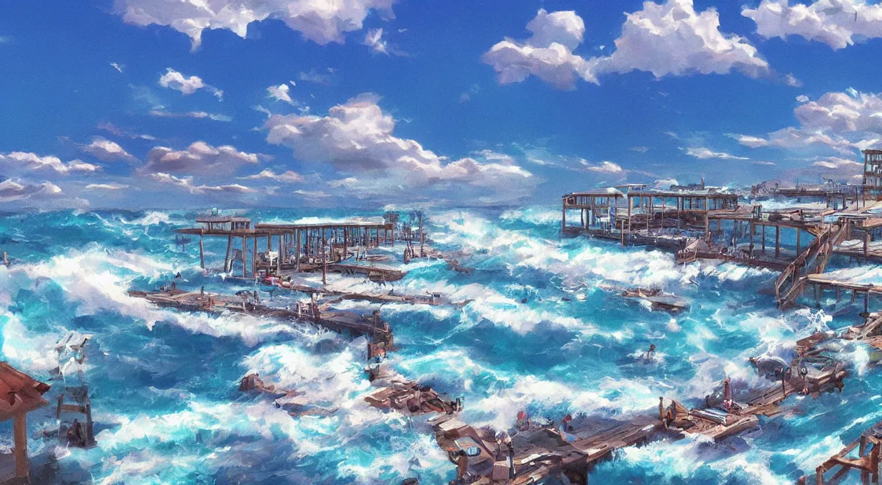 Prompt: ocean side beach blue sky clouds waves water pier dock beautiful artstation 4 k breathtaking illustration cartoon by jack kirby artstation concept art matte painting