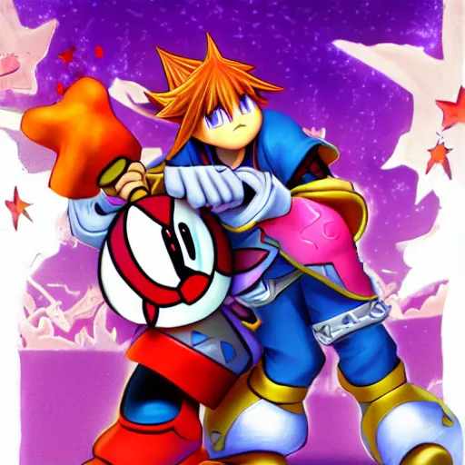Prompt: Kirby fighting Sora from Kingdom Hearts in a cinematic art style,