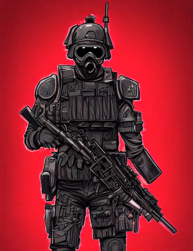 Prompt: a detailed manga illustration of a masked special forces soldier wearing dark red advanced demon - resistant cyborg tactical gear, trending on artstation, digital art, 4 k resolution, detailed, high quality, sharp focus, hq artwork, coherent, insane detail, character portrait