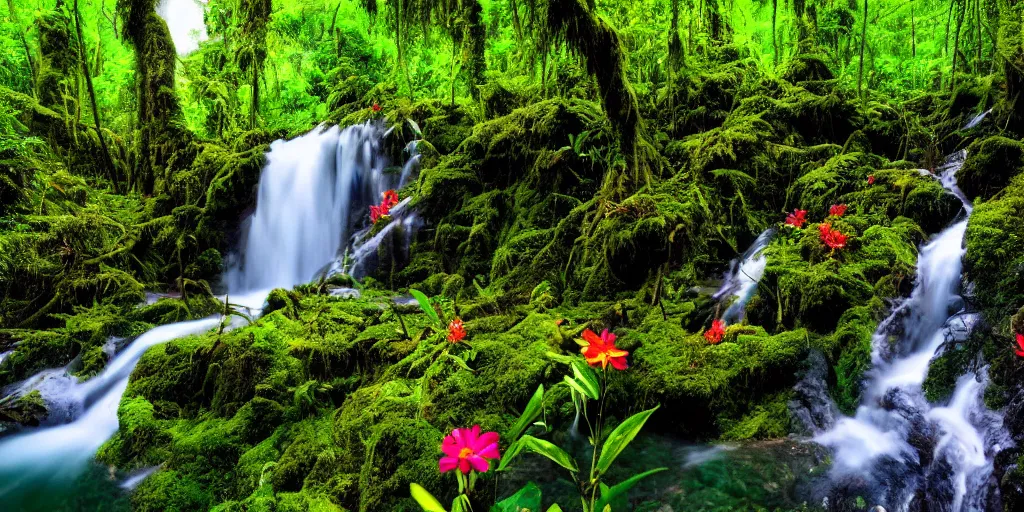 Image similar to beautiful stunning rainforest landscape with lake and waterfall and colorful flowers 4k hdr photography