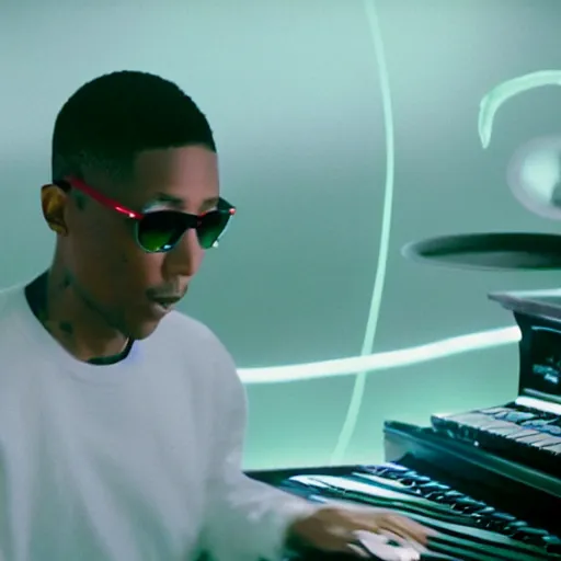 Image similar to cinematic film still of Pharrell Williams Making A Beat with an anthropomorphic alien, Japanese VFX, 2018, 400mm lens, f1.8, shallow depth of field,film photography