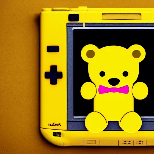 Image similar to Cute yellow teddy bear holding a Game Boy in its paws, playing Tetris.