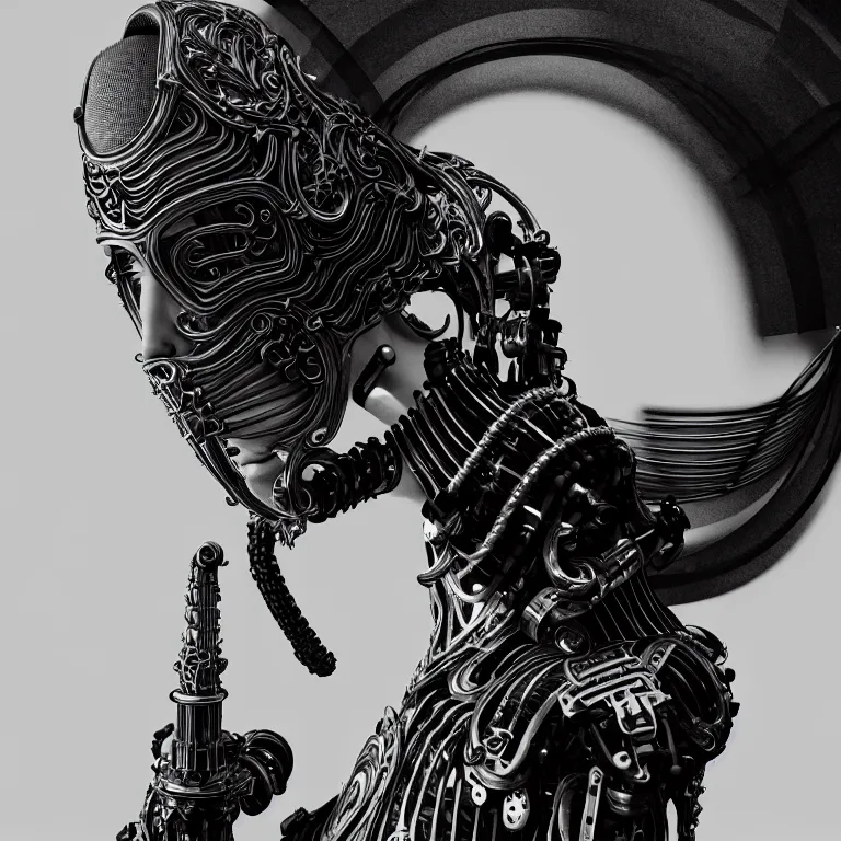 Prompt: bw studio portrait of beautiful man wearing exoskeleton ribbed mechanical mask, dream - like atmosphere, wastelands, baroque painting, beautiful intricate insanely detailed octane render, artstation, 8 k artistic photography, photorealistic, volumetric perfect light, harsh flash, chiaroscuro, beeple, annie liebovitz, raphael, caravaggio, rutkowski