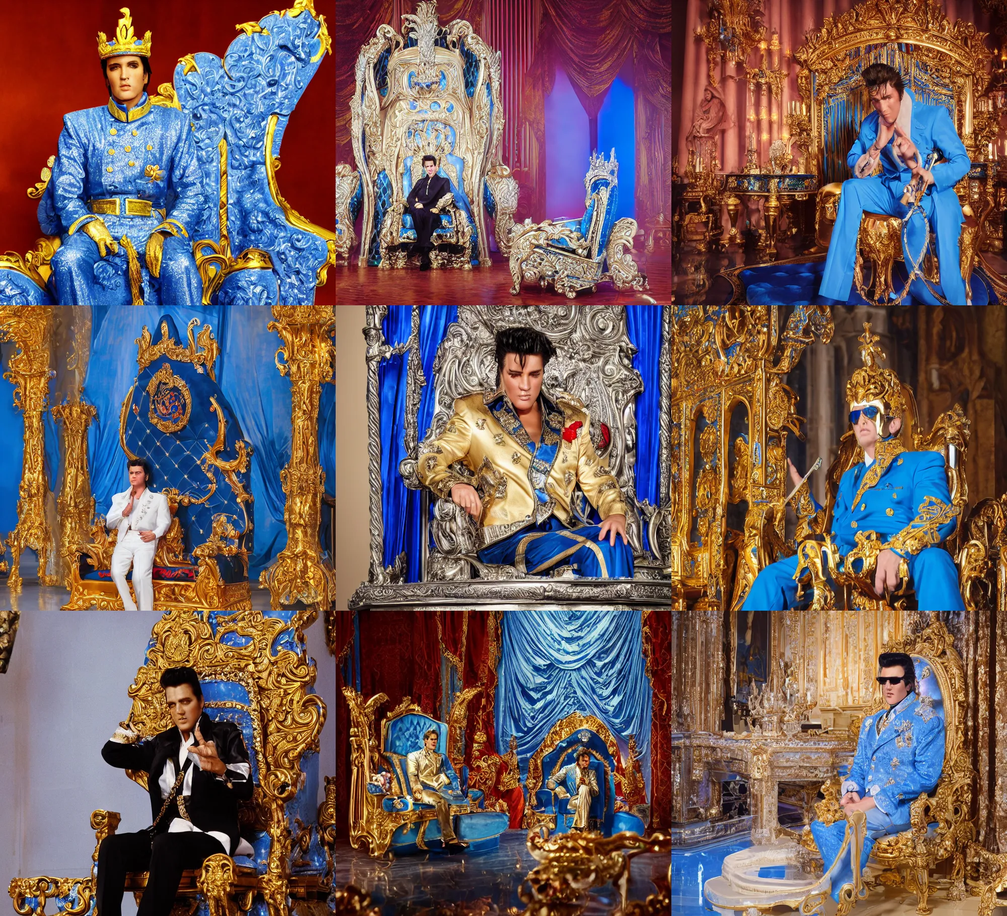 Prompt: sharp, detailed, color film of elvis sitting on his throne in his castle, atmospheric lighting, in focus, blue reflective eyes, 3 5 mm macro lens, live action, nice composition, hyper real, photorealistic