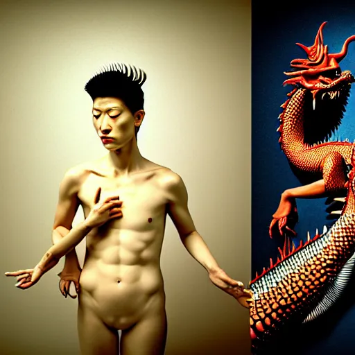 Prompt: hyperrealism aesthetic in araki nobuyoshi and caravaggio style computer simulation of parallel universe dramatic scene with detailed dragon wearing retrofuturistic sci - fi neural interface designed by josan gonzalez. hyperrealism photo on pentax 6 7, by giorgio de chirico volumetric natural light rendered in blender
