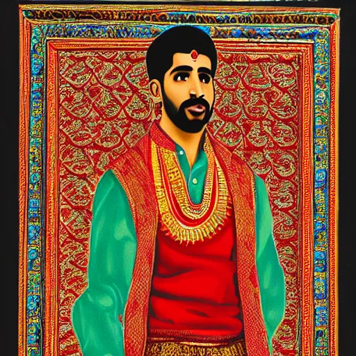 Prompt: drake, hindu temple scene, wearing a silk kurta, flat lighting