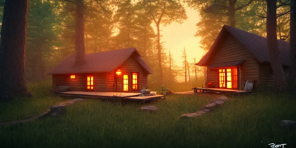 Image similar to a cozy little house in the woods, relaxing, 3 d concept art by scott zenteno, chill, relaxing, peaceful, sunset, extremely detailed art, unreal engine 5, hyper realism