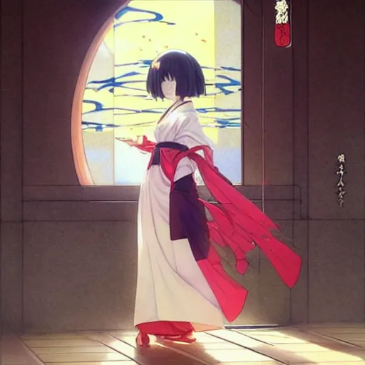 Image similar to manga anime art, beautiful female priestess sweeping the floor of a japanese monastery. art by wlop, ilya kuvshinov, artgerm, krenz cushart, greg rutkowski, hiroaki samura, range murata, james jean, katsuhiro otomo, erik jones.