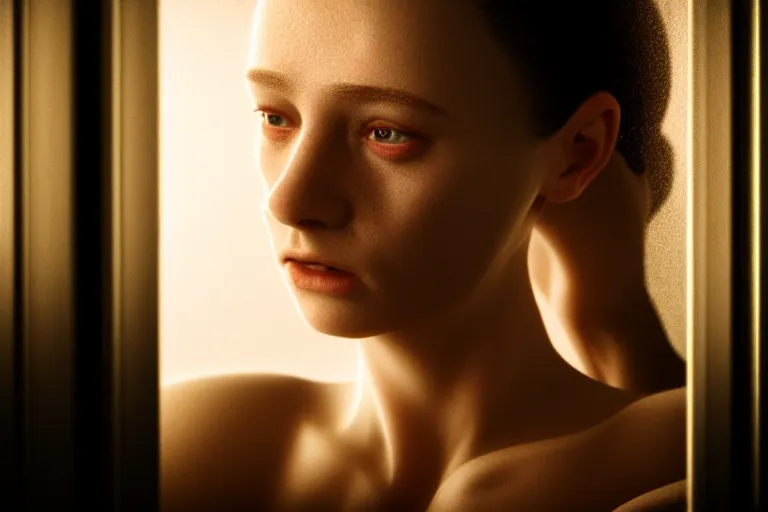 Image similar to an ultra realistic, cinematic, close up portrait, of a young woman, looking in mirror at older self, fire, dramatic, soft light, dreamy, facial features, stood in a cell, with prison clothing, detailed, deep focus, movie still, dramatic lighting, ray tracing, by michal karcz and yoshitaka