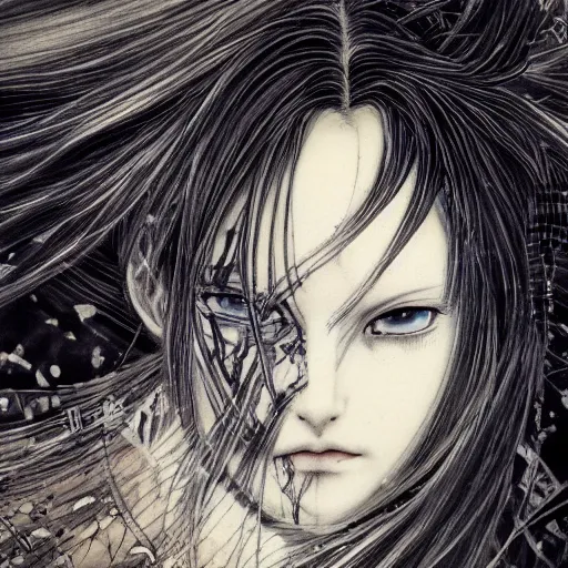 Image similar to Yoshitaka Amano realistic illustration of an anime girl with black eyes, wavy white hair fluttering in the wind and cracks on her face wearing Elden ring armour with engraving, abstract black and white patterns on the background, noisy film grain effect, highly detailed, Renaissance oil painting, weird portrait angle, blurred lost edges, three quarter view