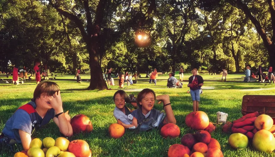 Image similar to 1990s candid photo of a beautiful day at the park, cinematic lighting, cinematic look, golden hour, large personified fruit people, Enormous fruit people with friendly faces and hands, kids talking to fruit people, did I mention the fruit people enough? UHD