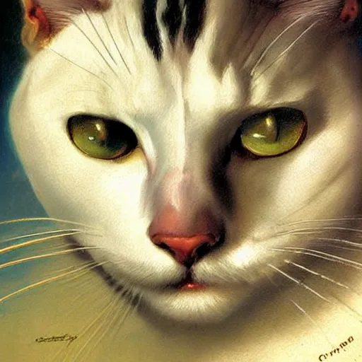 Prompt: a portrait of a manly white cat feline, blue eyes, handsome, attractive, fit, star trek the next generation. highly detailed painting by gaston bussiere, craig mullins, j. c. leyendecker, furry
