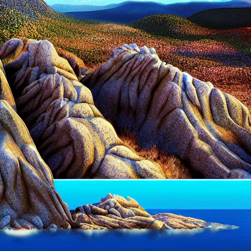 Prompt: rocky desert islands surrounded by steep crystalline cliffs, high quality digital art