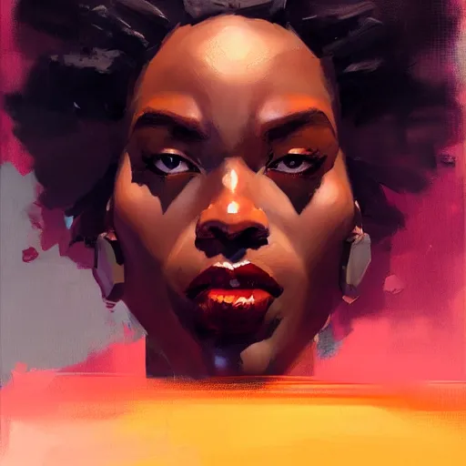 Image similar to Greg Manchess portrait painting of an afropunk villian character, medium shot, asymmetrical, profile picture, Organic Painting, sunset dark dramatic day, matte painting, bold shapes, hard edges, street art, trending on artstation, by Huang Guangjian and Gil Elvgren and Sachin Teng