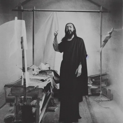 Image similar to studio photo of jesus in a chinese sweat shop, studio portrait