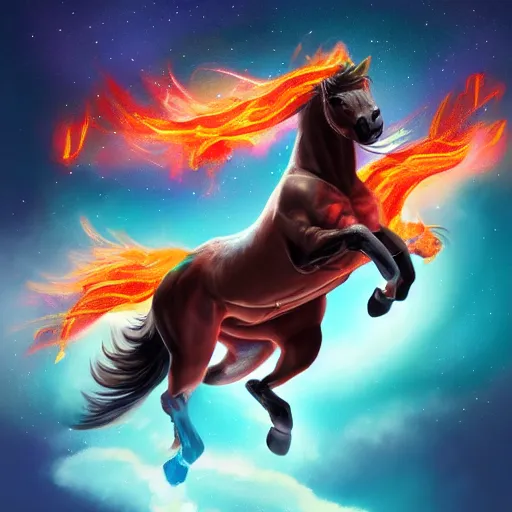 Image similar to horse flying through the cosmos on fire, painting, Artstation