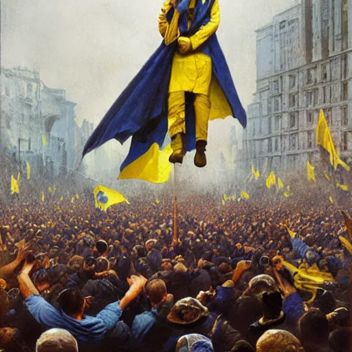 Image similar to a crowd of people with blue and yellow ukrainian flags overthrow and bring down the statue of vladimir lenin, photorealistic, highly detailed, artstation, smooth, sharp focus, art by michael whelan, artgerm, greg rutkowski and alphonse mucha