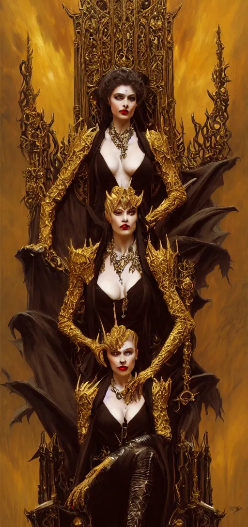 Image similar to full body portrait of beautiful vampire queen in gold gothic robes sitting on a throne of bones, elegant, highly detailed painting by gaston bussiere, craig mullins, j. c. leyendecker, 8 k, mid shot