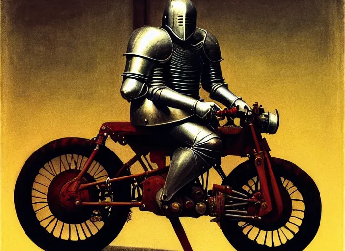 Prompt: knight in armor sitting on a motorcycle, rome, highly detailed, soft lighting, elegant, works by edward hopper and james gillard, zdislaw beksinski, stephen outram, andreas m wiese, highly detailed