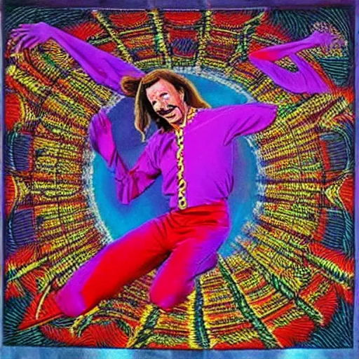 Prompt: “ Doug Henning flying on a magic carpet in the style of Alex Grey”