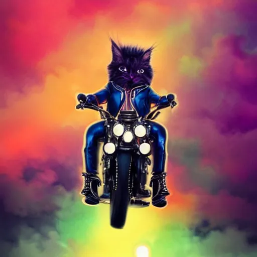 Image similar to wide angle full body, jacket wearing fluffy cute rainbow kitten wearing a black leather motorcycle jacket, riding on a motorcycle, cinematic concept art