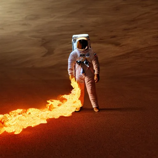 Image similar to an astronaut that’s on fire walking through a dystopian desert