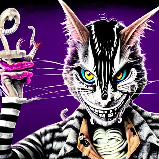 Image similar to graphic illustration, creative design, alice cooper as cheshire cat, biopunk, francis bacon, highly detailed, hunter s thompson, concept art