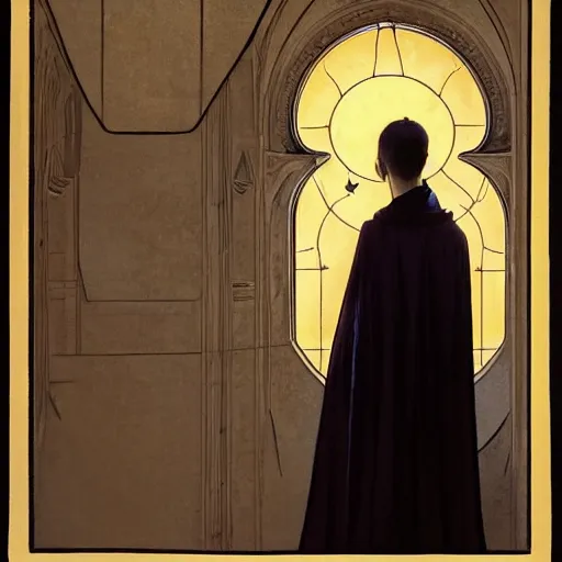 Prompt: A frightened young, thin and stern catholic priest in his thirties fervently praying as he is about to die from the ominous terrifying Lovecraftian yellow shadow descending upon him from the night sky. He is at the top of a medieval tower. Low angle, dramatic lighting. Art by Greg Rutkowski and Alphonse Mucha but as a photograph