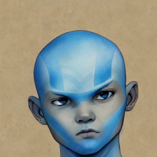 Image similar to Portrait of Aang,blue arrow paint going down his head, by Charlie Bowater