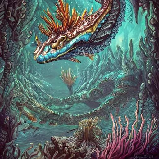 Image similar to underwater sea dragon, d & d style, trending on artstation, colorful, intricate, highly detailed art by ilse gort and yugin maffioli