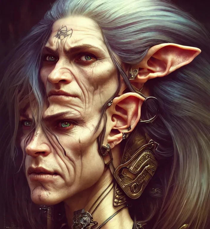 Prompt: portrait painting of older elf biker badass, perfect face, ultra realistic, concept art, intricate details, eerie, highly detailed, photorealistic, octane render, 8 k, unreal engine. art by artgerm and greg rutkowski and magali villeneuve and alphonse mucha