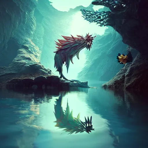 Image similar to ( ( pokemon ) ) creature creature in alaska, backlit, water reflection, warm tones : : by michal karcz, daniel merriam, victo ngai and guillermo del toro : : ornate, dynamic, particulate, intricate, elegant, highly detailed, centered, artstation, smooth, sharp focus, octane render, 3 d