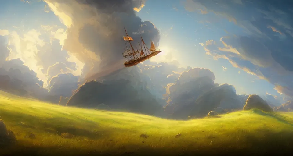 Prompt: a large wooden fantasy sky - ship flying through the clouds blue sky grassy hills, andreas rocha style
