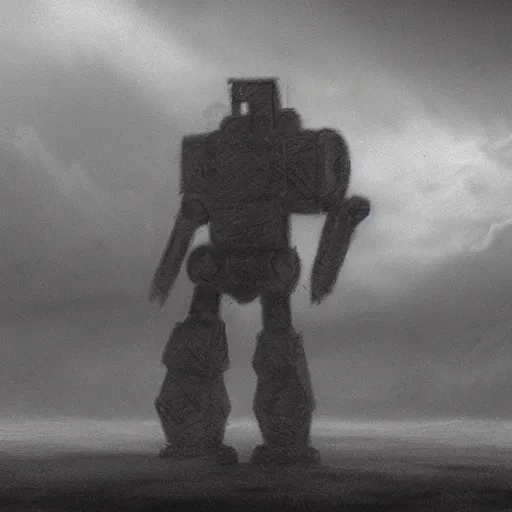 Prompt: a pencil sketch of a mech on an alien planet. moody. atmospheric. fog. cinematic