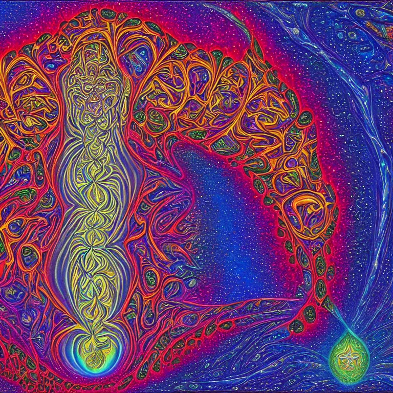Prompt: psychedelic trippy fractal soul on fire deep space galaxy within award winning painting by alex grey symmetrical