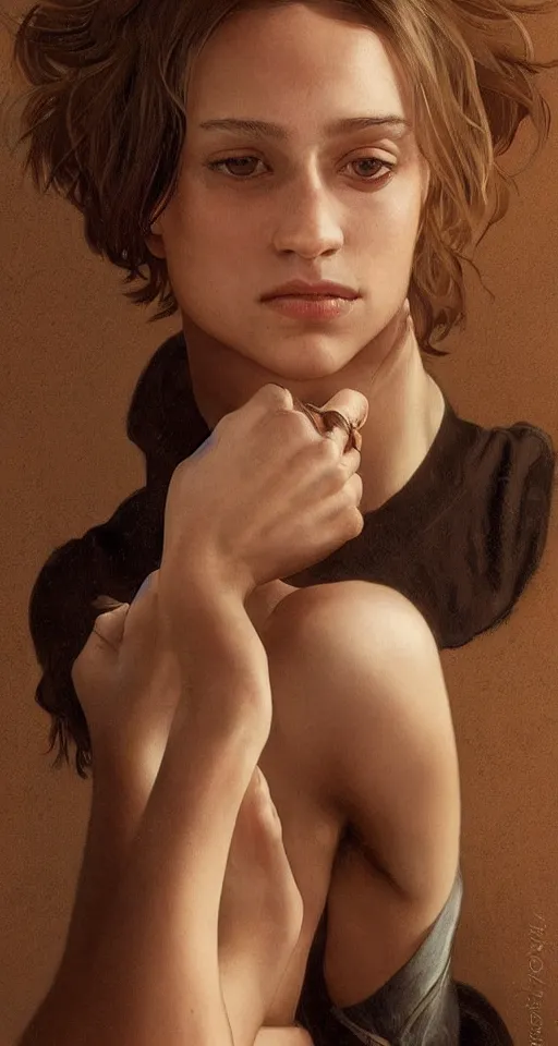 Image similar to character portrait of Alicia Vikander as a nonbinary androgynous teenager with very short hair, relaxing mood, intricate, wild, highly detailed, digital painting, artstation, whole body, concept art, smooth, sharp focus, illustration, art by artgerm and greg rutkowski and alphonse mucha