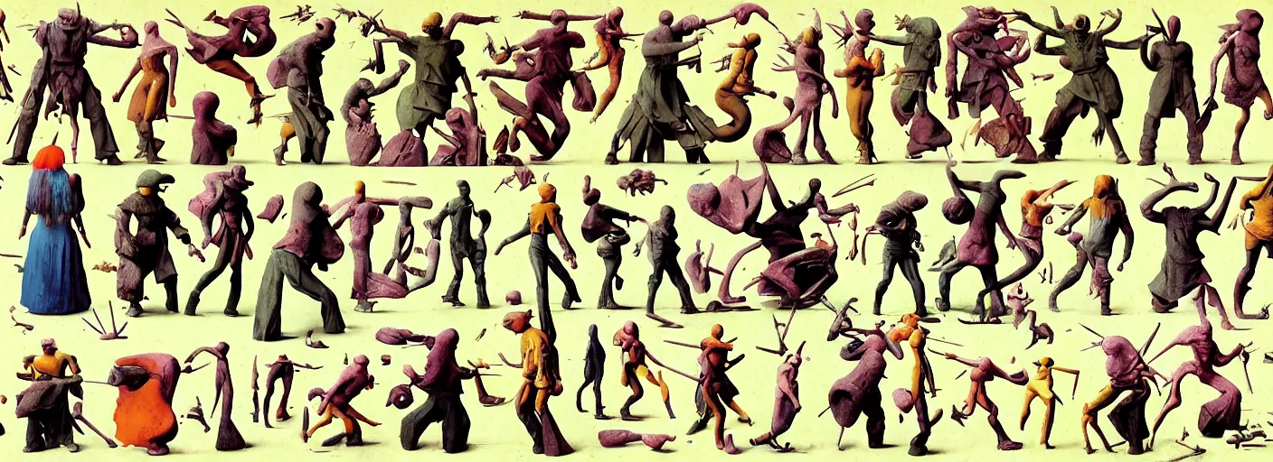 Image similar to full - body portrait surreal colorful clay fighting rogue rpg character concept art anatomy, action pose, very coherent and colorful high contrast masterpiece by norman rockwell franz sedlacek hieronymus bosch dean ellis simon stalenhag rene magritte gediminas pranckevicius, dark shadows, sunny day, hard lighting, reference sheet white! background