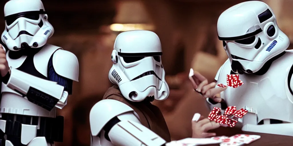 Prompt: film still of storm trooper gambling & playing cards in vegas in the phantom menace 1 9 9 9