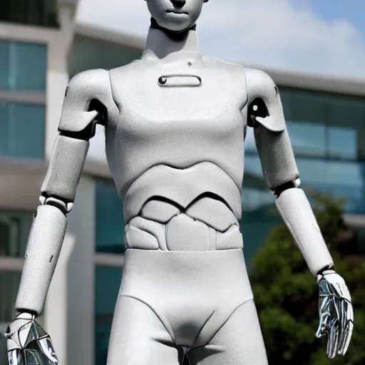 Image similar to a realistic detailed photo of a guy who is an attractive humanoid who is half robot and half humanoid, who is a male android, soccer player martin ødegaard, shiny skin, posing like a statue, blank stare, by the pool, on display, showing off his muscles, humanoid robot, frozen ice statue