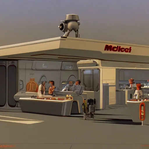 Image similar to ralph mcquarrie concept art of a futuristic mcdonalds. a space station is seen off in the distance with various droids and people walking in the foreground.