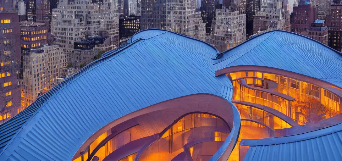 Prompt: curved roof planes lift and descend creating shade and architectural expression, situated on a rooftop in manhattan, highly detailed, vivid color, high resolution photography, mist, dusk