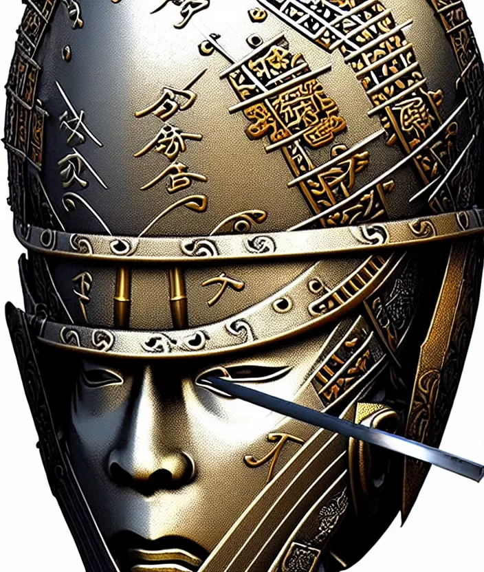 Image similar to detailed photorealistic ancient japanese samurai warrior soldier with traditional japanese engravings and ornamentation on armour and weapons, and shining metallic 3 d surfaces, japanese calligraphy, wide angle, 3 d