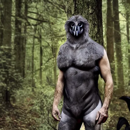 Image similar to !!! chimera consisting of male human and crow, photograph captured in a forest