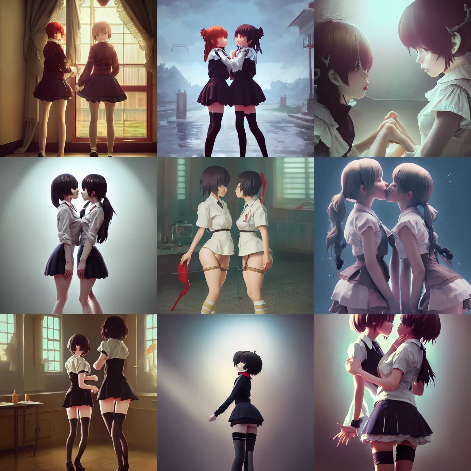 Prompt: instagram photo. insanely detailed. by wlop, ilya kuvshinov, krenz cushart, greg rutkowski, pixiv. zbrush sculpt, octane, maya, houdini, vfx. two anime schoolgirls kiss, thighhighs. cinematic dramatic atmosphere, sharp focus, volumetric lighting