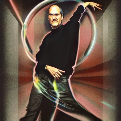 Image similar to steve jobs airbrushed 1 9 8 0 s retro band poster, artstation, ambient occlusion.